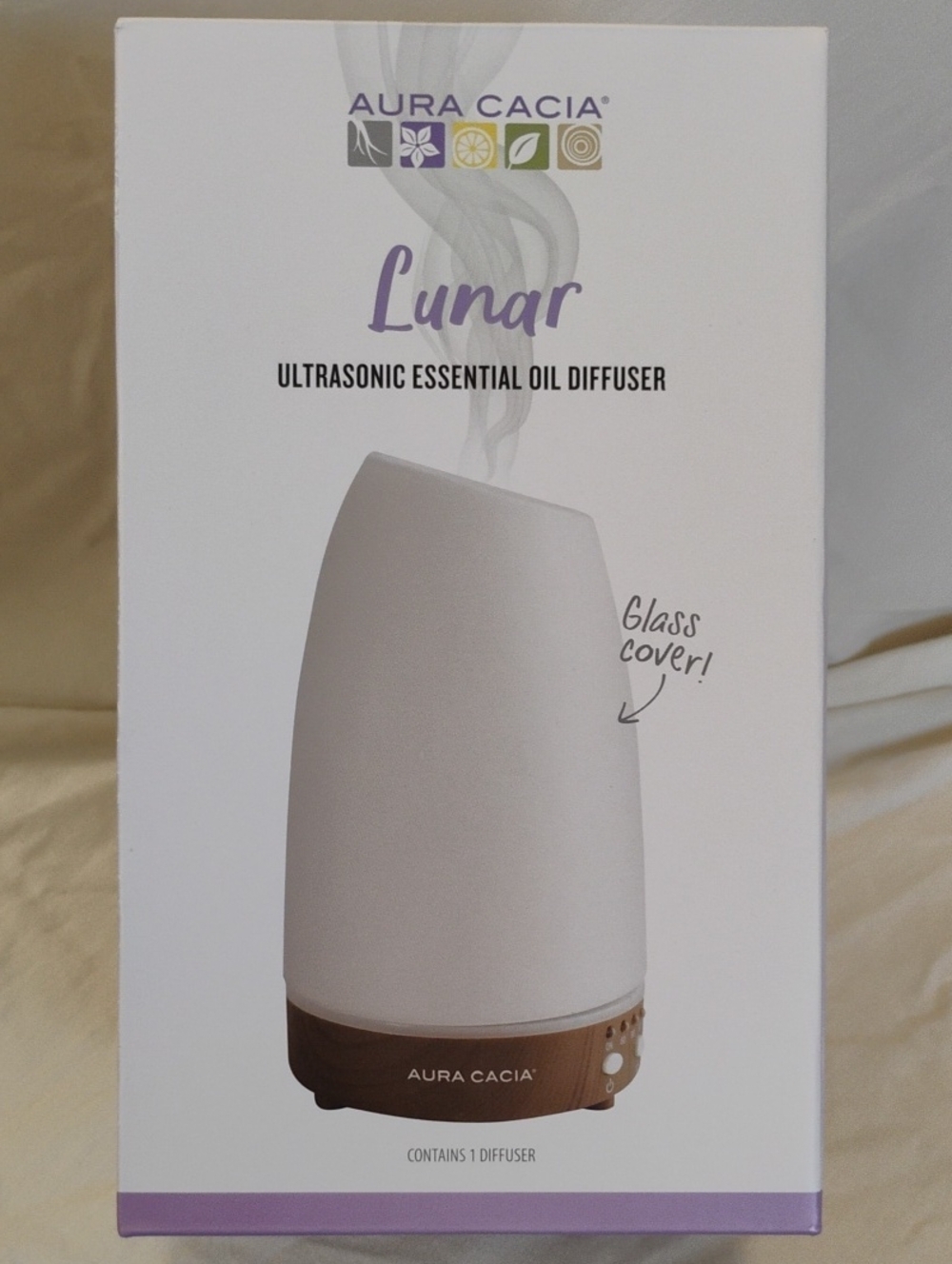 Aura Cacia Lunar Ultrasonic Essential Oil Diffuser - White with Wood Base